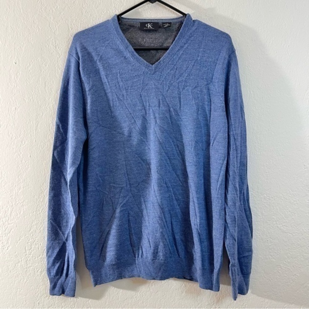 Calvin Klein Extra Fine Merino Wool V-Neck Sweater Men Size L Blue Lightweight